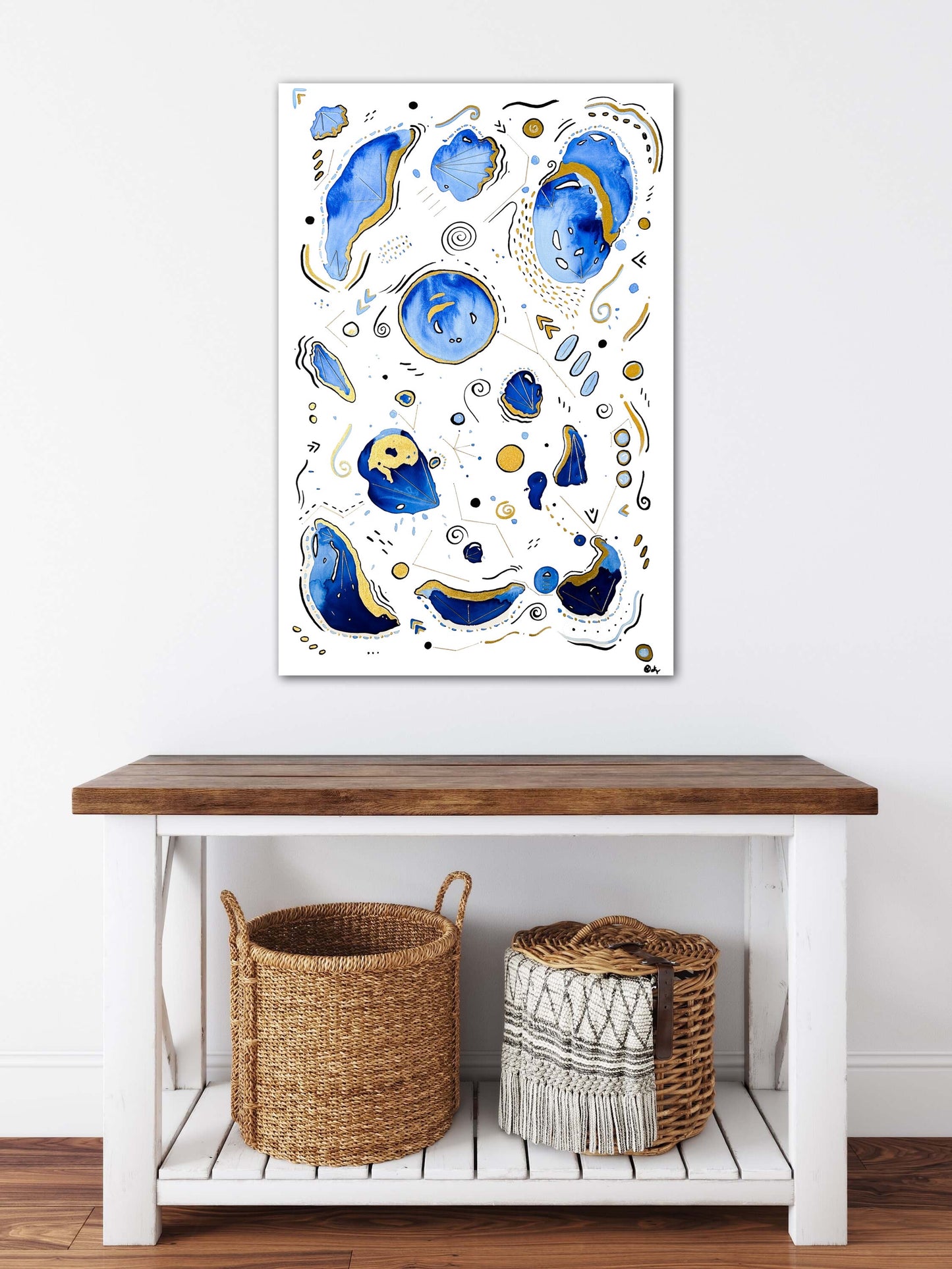 SOLAR SEA - Original Watercolor, Ink, & Thread Painting on Canvas - Blue & Gold