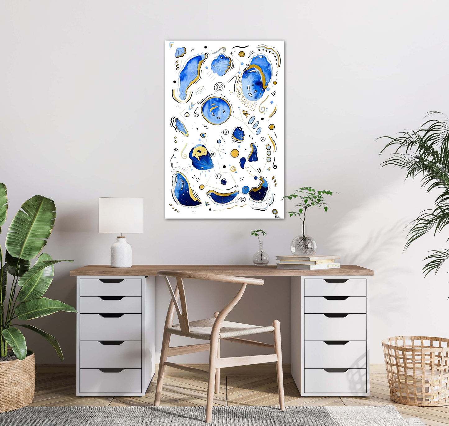 SOLAR SEA - Original Watercolor, Ink, & Thread Painting on Canvas - Blue & Gold