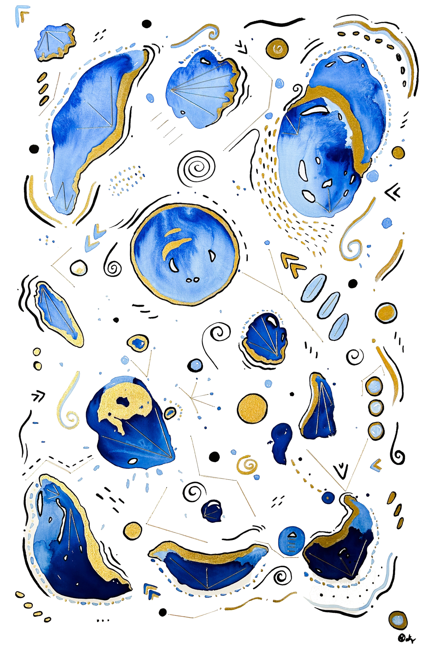 SOLAR SEA - Original Watercolor, Ink, & Thread Painting on Canvas - Blue & Gold