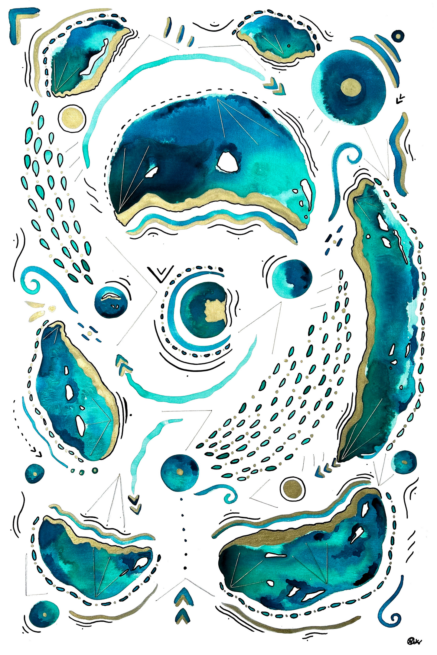 Amado's Reef - Original Watercolor, Ink, & Thread Painting on Canvas - Teal & Gold