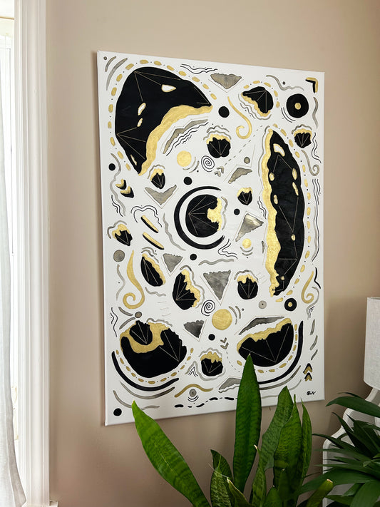 Delta Onyx - Original Watercolor, Ink, & Thread Painting on Canvas - Black & Gold