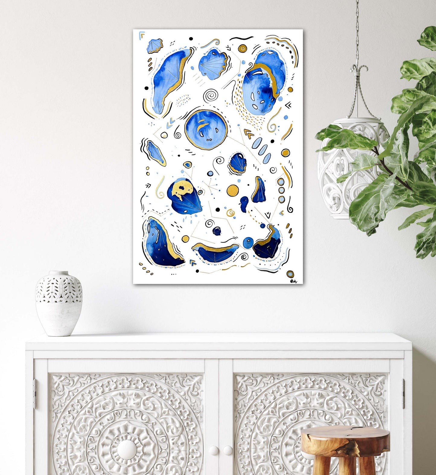 SOLAR SEA - Original Watercolor, Ink, & Thread Painting on Canvas - Blue & Gold