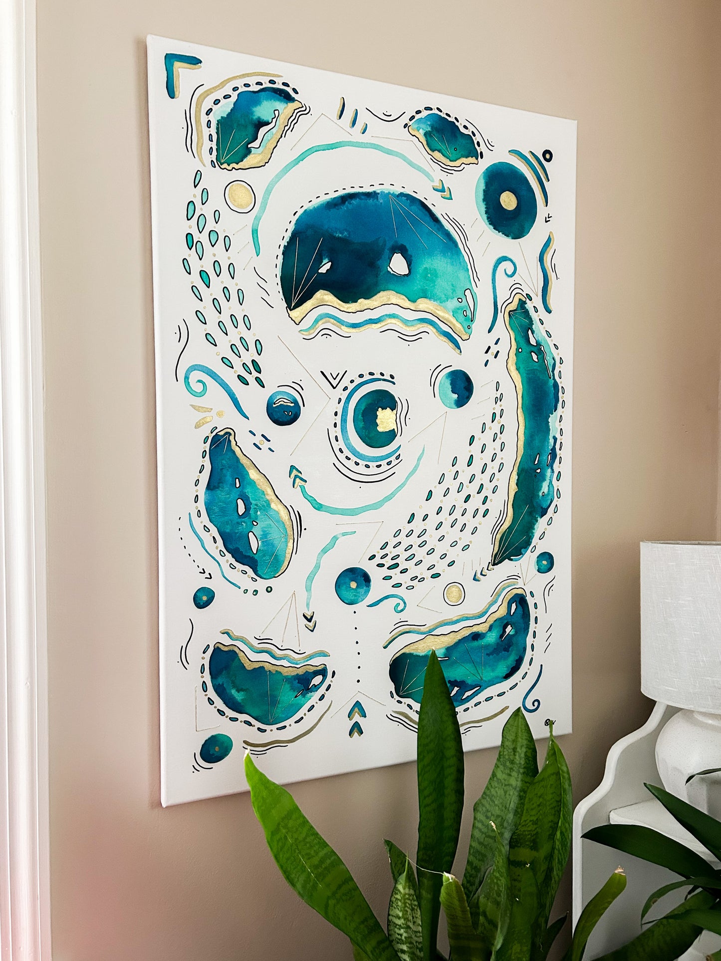 Amado's Reef - Original Watercolor, Ink, & Thread Painting on Canvas - Teal & Gold